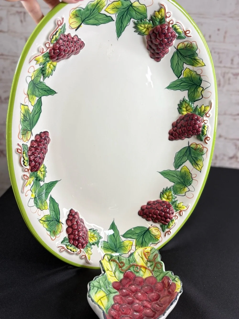 Hand-Painted Grape Ceramic Serving Platter - Red & Green